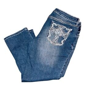 Apt 9 Womens Blue Denim Capri Jeans Cross Rhinestone Pockets Size 14